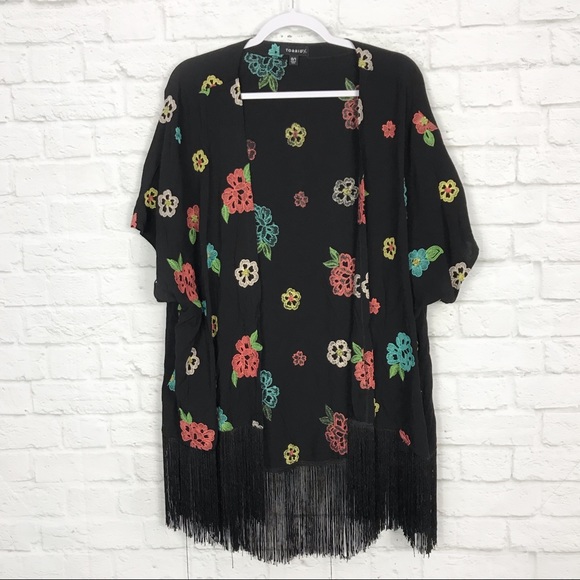 torrid Tops - Torrid Black Floral Embroidered Fringe Kimono 0/1